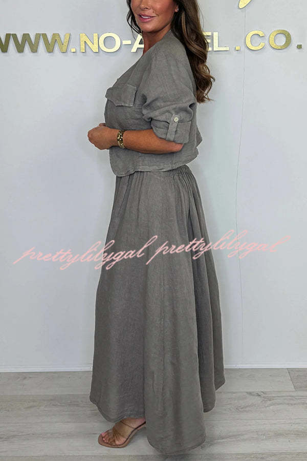Solid Color Casual Short Jacket and Suspender Pleated Maxi Dress Set