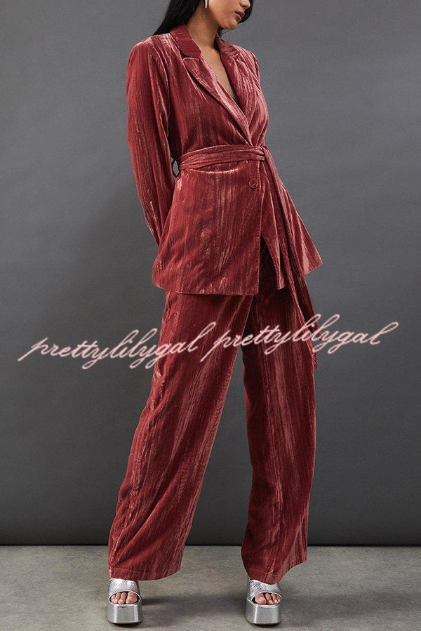Solid Color Velvet Long-sleeved Waist Tie Top and Elastic Waist Casual Pocket Straight-leg Pants Set