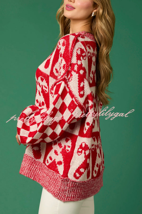 Christmas Candy Plaid Round Neck Long Sleeve Loose Knit Sweater