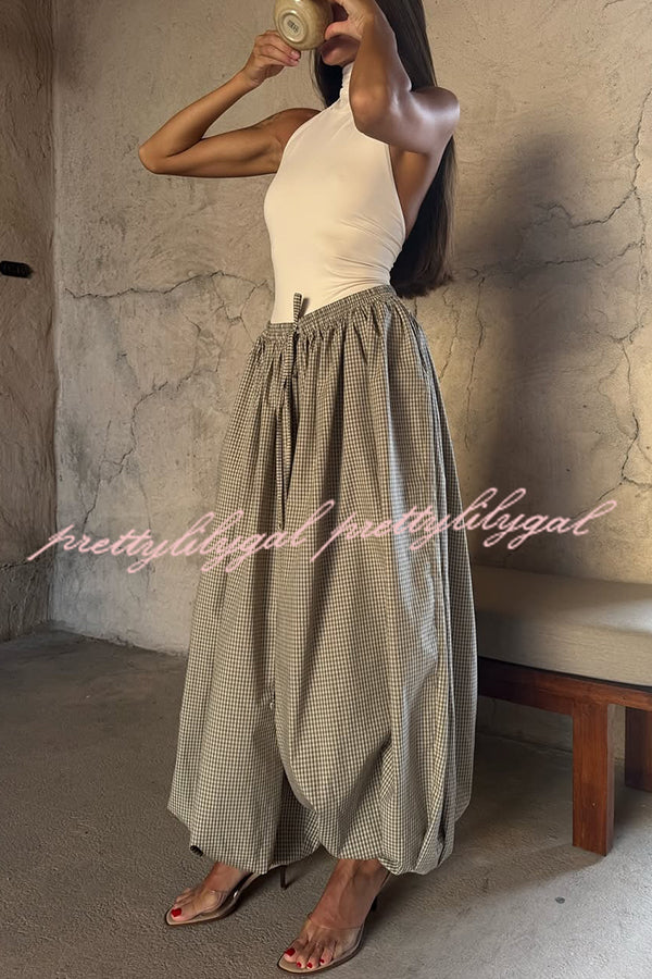Fashion Plaid Print Elastic Waist Pocket Loose Wide-leg Pants
