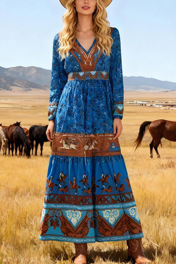 Bohemian Style V-neck Long-sleeved Casual High-waisted Maxi Dress