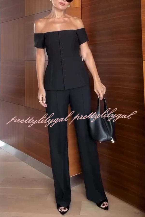 Solid Color Off-the-shoulder Single-breasted Top and Casual Pocket Straight-leg Pants Set