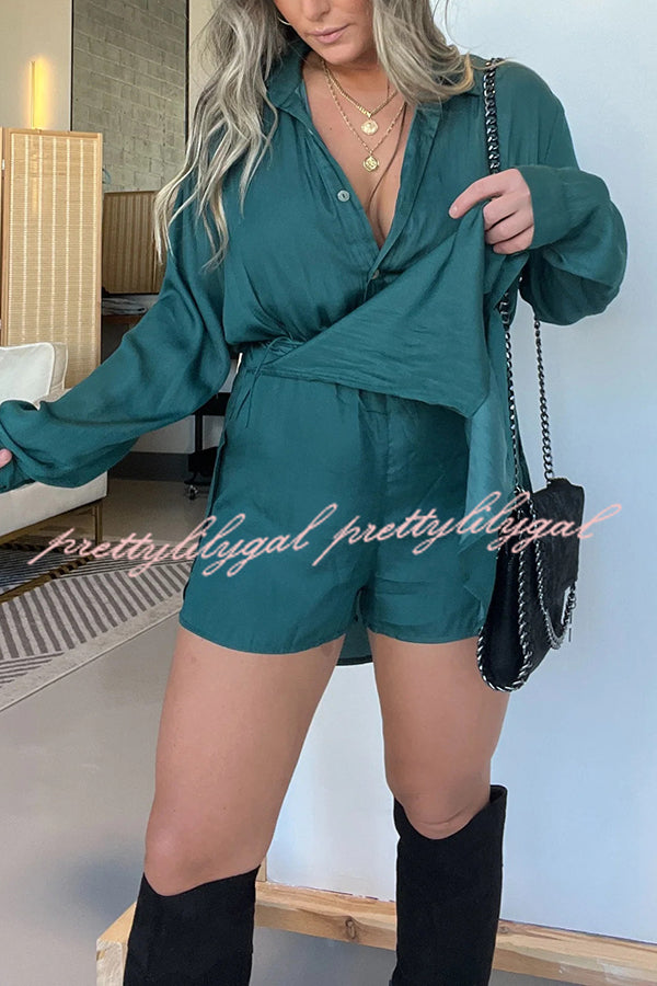 Solid Color Long Sleeve Button Casual Shirt-Style Rompers
