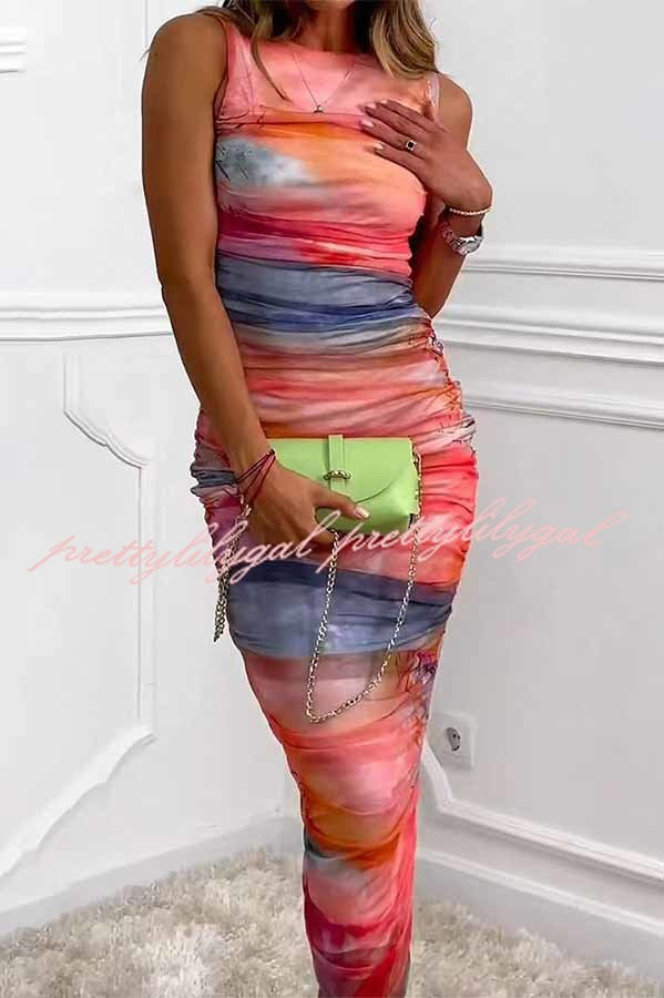 Locking Eyes Mesh Tie-dye Print Ruched Midi Dress