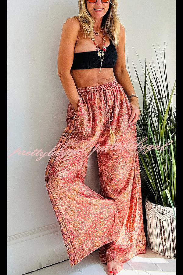 Vintage Boho Ethnic Print High Rise Elastic Drawstring Waist Pocketed Loose Pants
