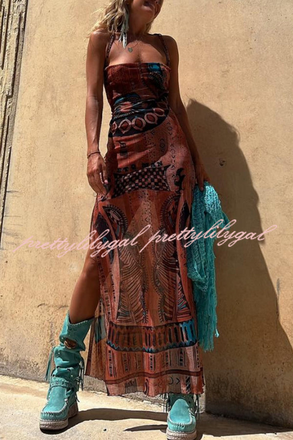 Gypsy Style Unique Print Cowl Neck Back Lace-up Slit Midi Dress