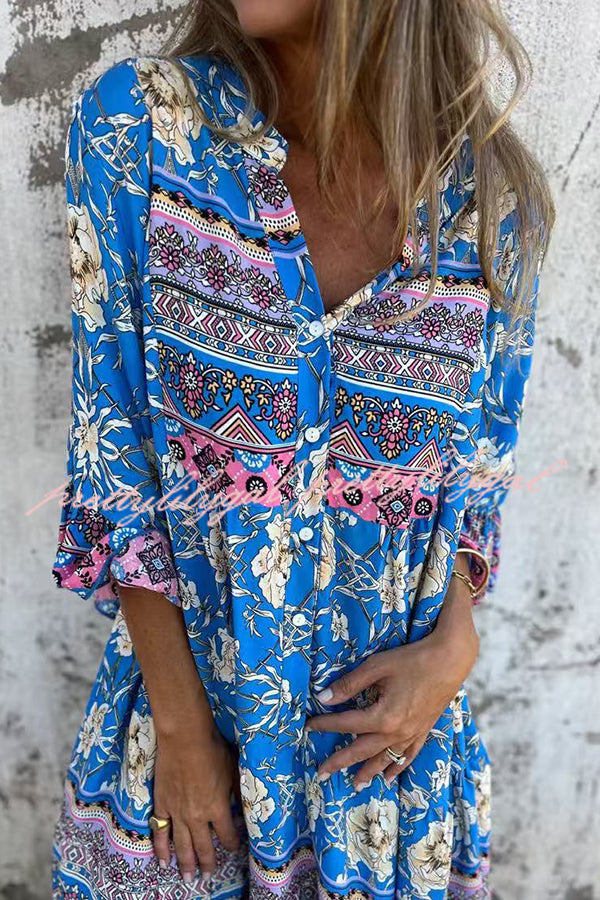 Ethnic Floral Print V-neck Loose Pocket Mini Dress