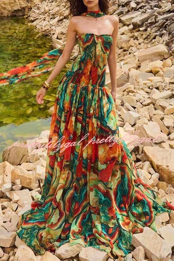 Vacay Vibes Colorful Lava Print Off Shoulder Smocked Scarf Maxi Dress