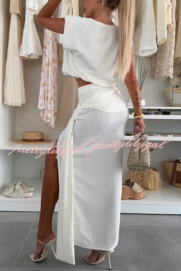 Comfortable Stylish Round Neck Sleeveless Casual Top and Elastic Waist Ruched Tie Slit Midi Skirt Set
