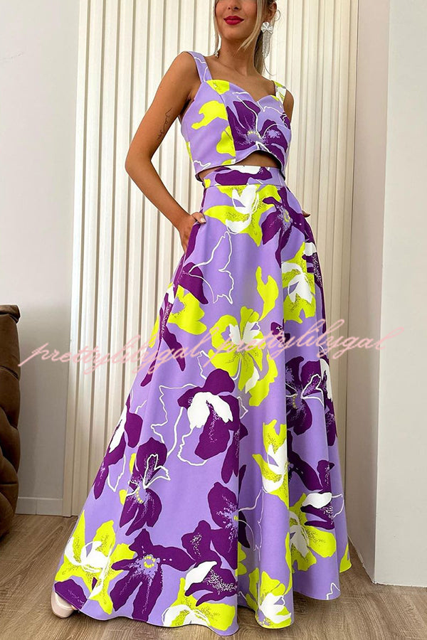 Stylish Floral Print Sling Top and Large Hem Pockets Maxi Skirt Set