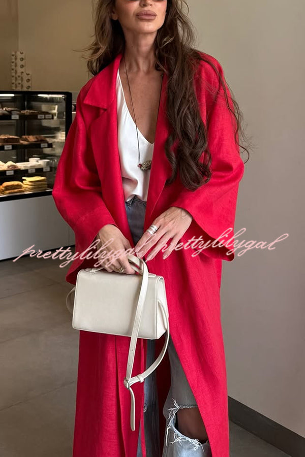 Linen Blend Solid Color Casual Lapel Tie Loose Maxi Dress