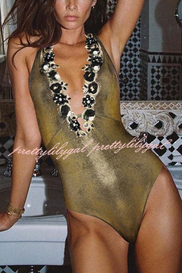 Solid Color Shiny Fabric Deep V Metal Embellished Stretch One-piece Swimsuit