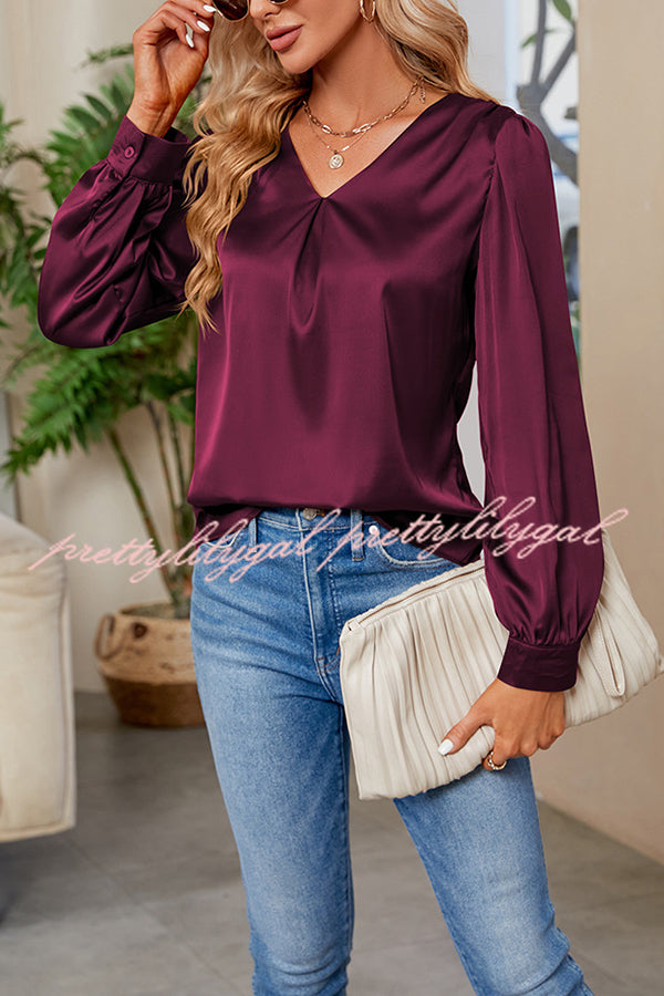 Satin Pleated V-neck Long-sleeved Loose Shirt