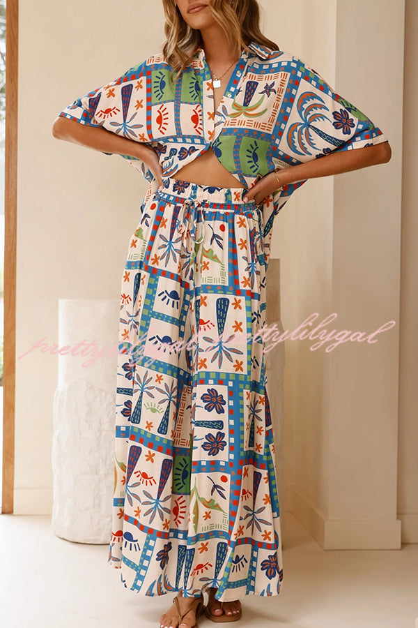 Unique Print Lapel Short Sleeve Loose Shirt and Elastic Waist Casual Pocket Wide Leg Pants Set