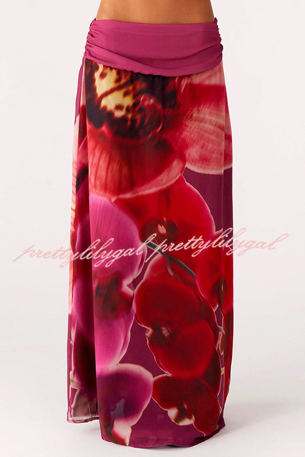 Sexy Deep V Backless Draped Camisole Top and Floral Print Chiffon Maxi Skirt Set