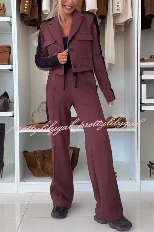 Fashion Lace Panel Long-sleeved Crop Top and Elastic Waist Tie Pocket Casual Pants Set