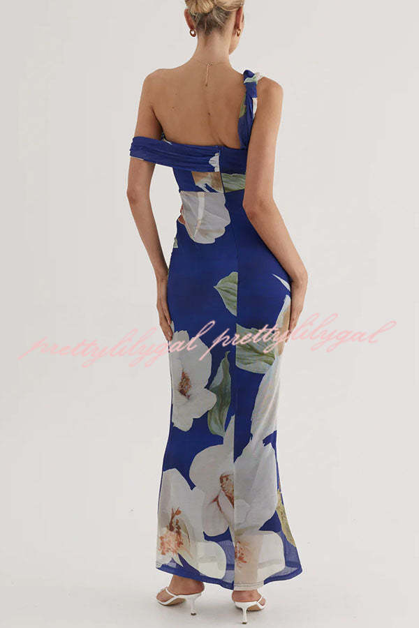 Drama Elegance Mesh Floral One Shoulder Ruched Stretch Maxi Dress