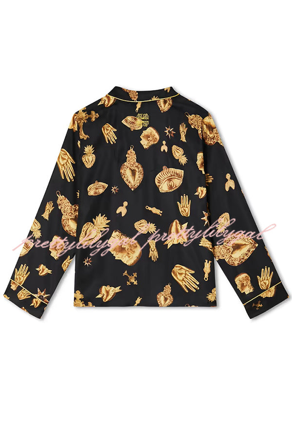 Golden Night Unique Print Color-block Trim Loose Shirt and Elastic Waist Pocketed Pajama Set