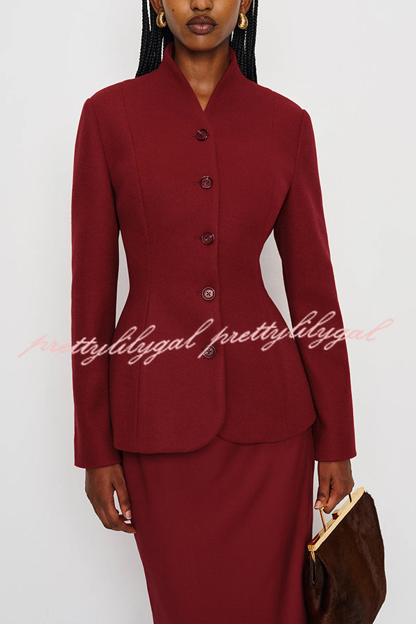 Retro Dramatic Stand Neck Button Up Long Sleeve Curved Waist Jacket