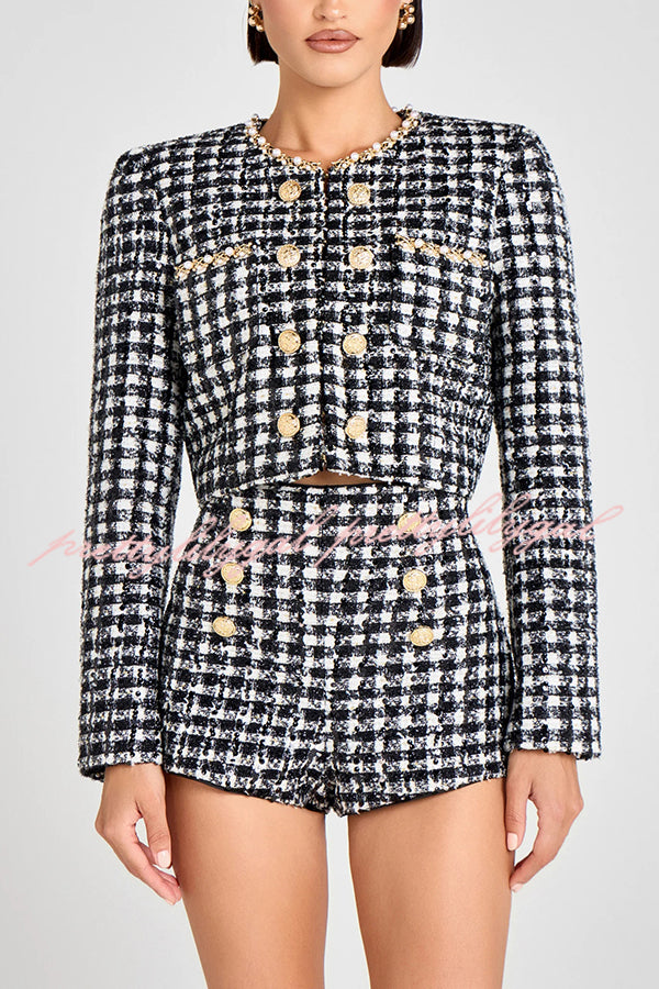 Alex Check Bouclé-tweed Fabric Gold Button High Rise Shorts