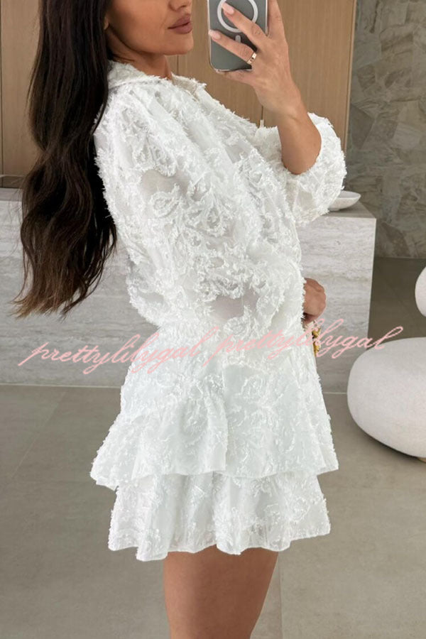 Unique Lace Texture Fabric Balloon Sleeve Blouse and Elastic Waist Layered Skirt Set