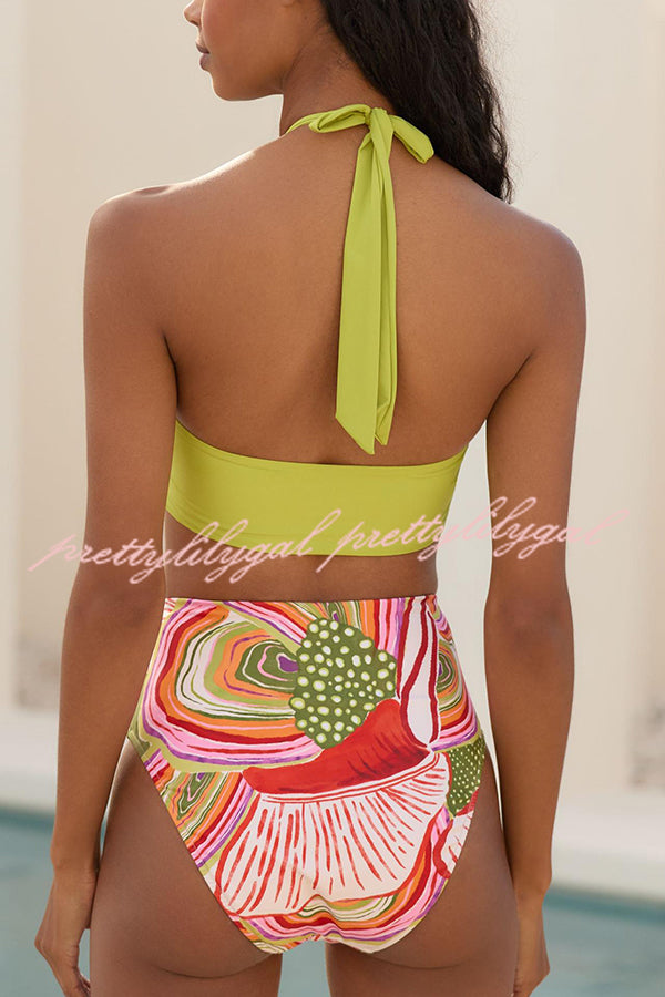 Kyana Flower Pattern Halter Tank High Rise Printed Stretch Bikini Swimsuit