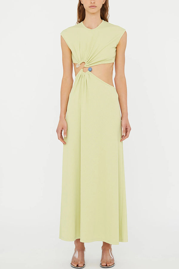 Eye-catching Ribbed Knit S-buckle Hardware Cutout Waist Maxi Dress
