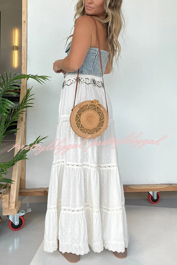 Fashion Lace Splicing Elastic Waist Loose High Slit Maxi Skirt