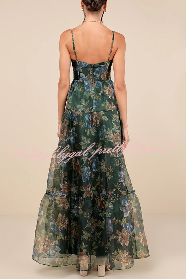 Exclusive Glamour Organza Floral Print Tiered Slip Maxi Dress