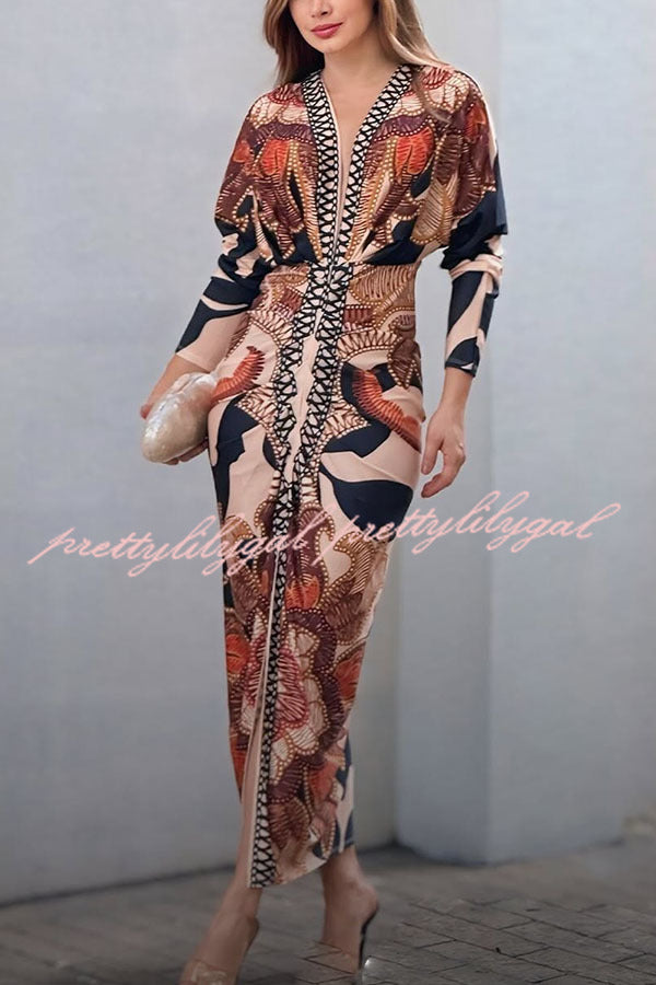 Verra Unique Print Dolman Long Sleeve Ruched Slit Midi Dress