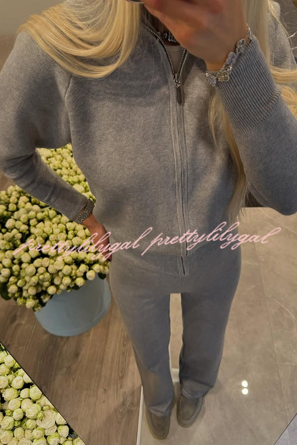 Cozycore Knit Zipper Long Sleeve Cardigan and Stretch Wide Leg Pants Set