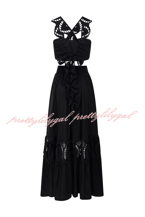 Summer City Hollow Lace Crop Tank and Elastic Waist Pocketed A-line Maxi Skirt Set