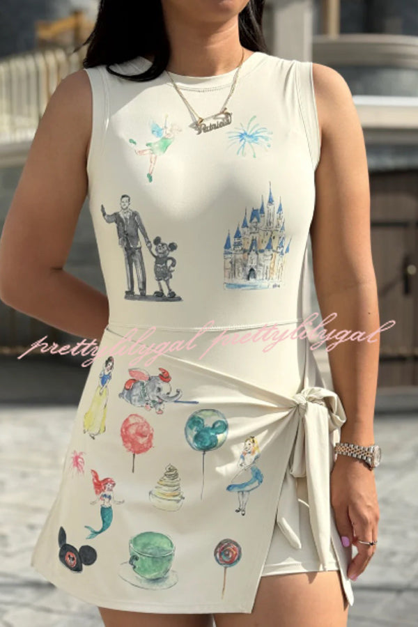 Childish Cartoon Print Sleeveless Fitted Lace-Up Mini Dress