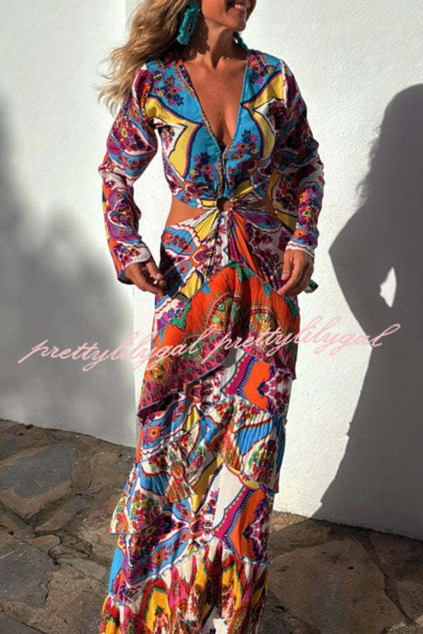 Colorful Day Unique Print Bell Sleeve Cutout Waist Layered Maxi Dress