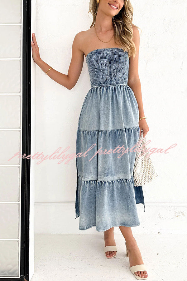 Asmn Off Shoulder Pleated Pocket Paneled Denim Maxi Dress