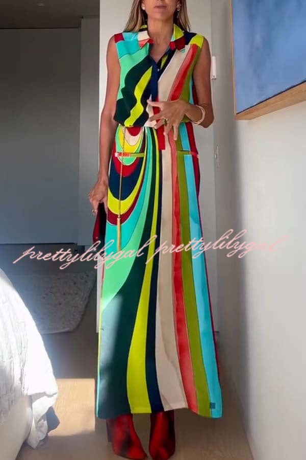Bold and Elegant Colorful Print Button Up Pocket Shirt Slit H-line Maxi Dress