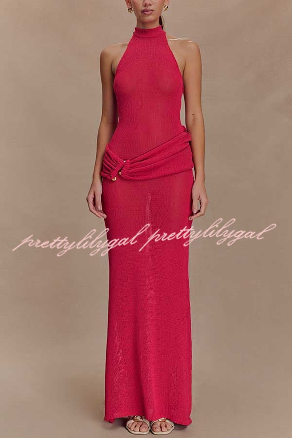 Quiet Confidence Knit Ruched Hip Halter Backless Stretch Maxi Dress