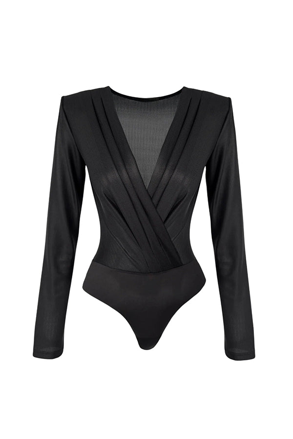 Chic Celebration Glossy Fabric Pleated V-neck Long Sleeve Stretch Bodysuit