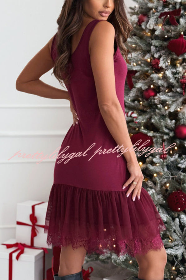 Breezy City Tulle Lace Tiered Hem Stretch Tank Mini Dress