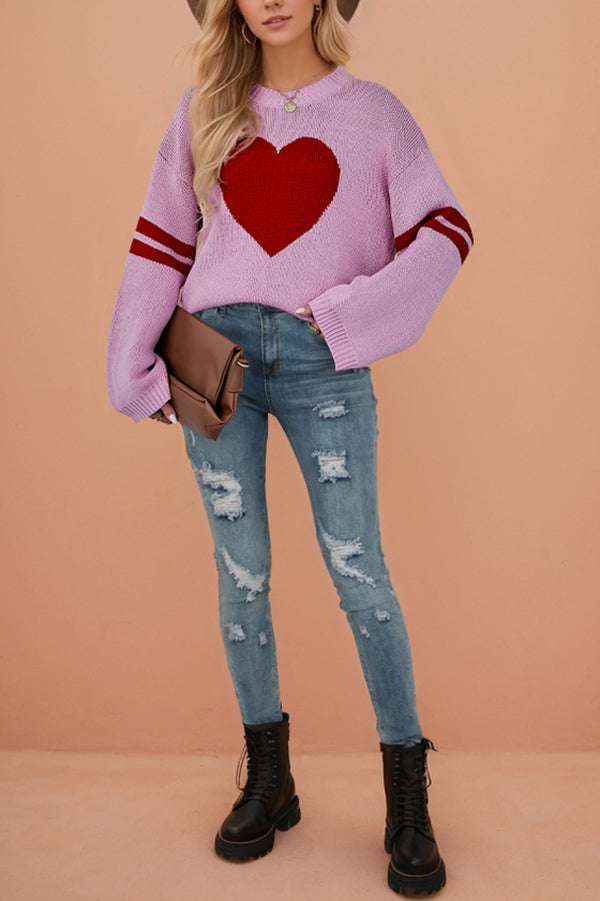 Fashionable Heart-shaped Jacquard Long-sleeved Loose Knit Sweater