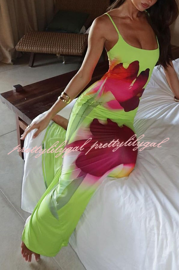 Botanical Floral Print Suspender Backless Slim Fit Slit Holiday Maxi Dress