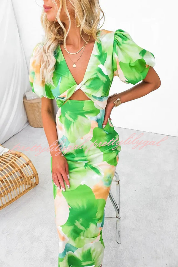 Sophia Floral Print Satin Puff Sleeve Twist Bust Cutout Midi Dress