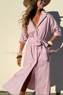 All-match Striped Button Up Half Sleeve Belted Pocket Shirt Midi Dress