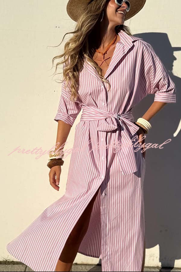 All-match Striped Button Up Half Sleeve Belted Pocket Shirt Midi Dress