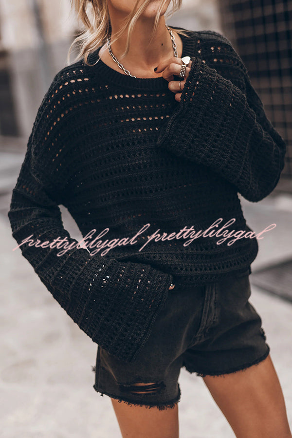 Living Easy Knit Bell Sleeve Hollow Out Relaxed Top