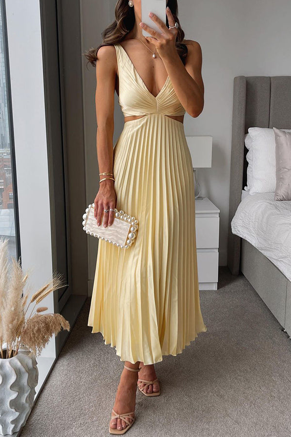 Summer Social Stain Pleated Cutout Waist Loose Midi Dress Summer Social Stain Pleated Cutout Waist Loose Midi Dress