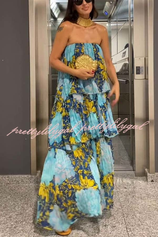 Cecily Contrast Floral Print Tiered Ruffles Strapless Maxi Dress