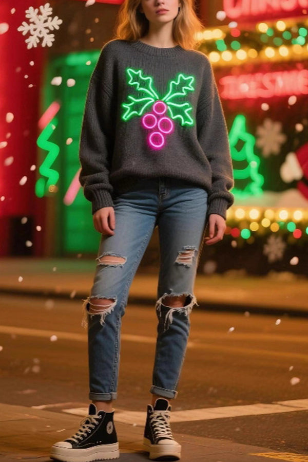 Christmas Holly Jacquard Loose Long-Sleeve Knit Sweater