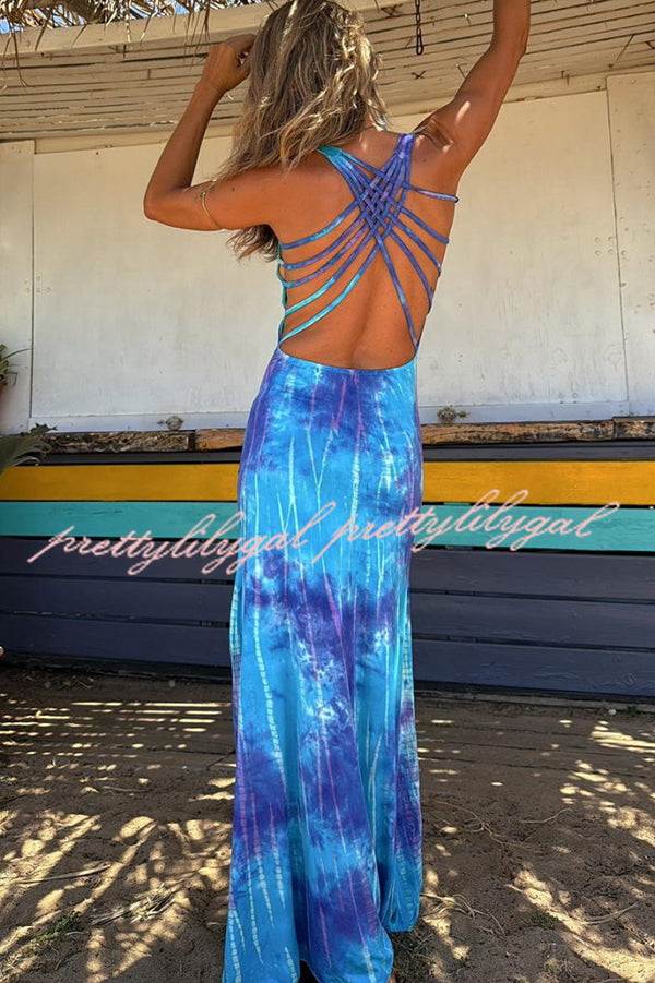 La Bamba Tie-dye Print Back Lace-up Stretch Maxi Dress