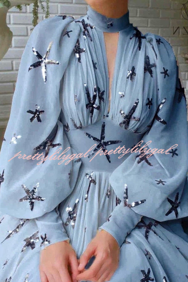 Grand Evening Chiffon Star Sequins Lantern Sleeve Party Maxi Dress